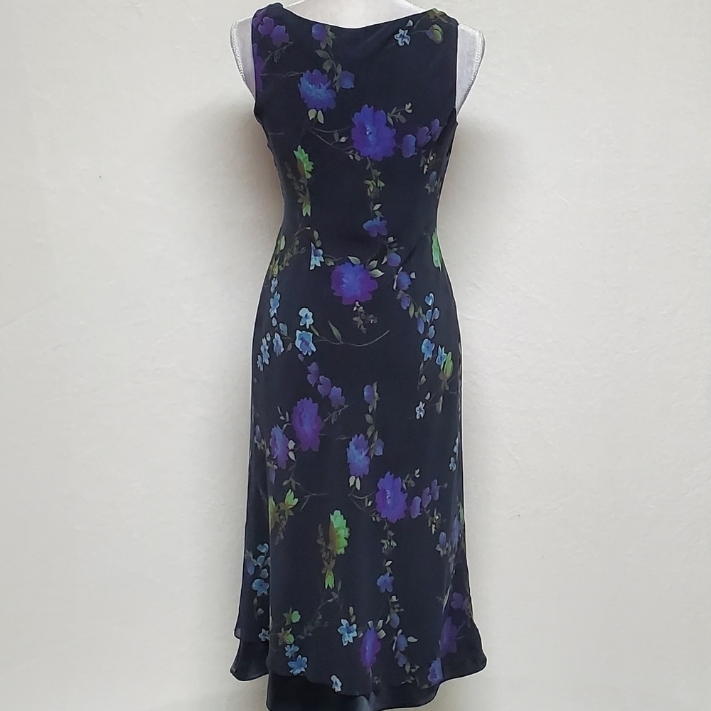 VINTAGE Liz Claiborne Purple Floral Silk Chiffon Black Satin Ruffle Midi Dress M - Picture 13 of 16